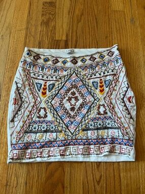 White Embroidered Aztec Mini Skirt with Multicolor Detail